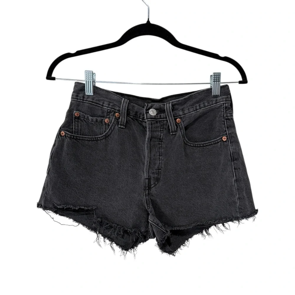 Levis 501‎ Denim Jean Shorts Women 26 Off Black Button Fly Distressed Cut Off